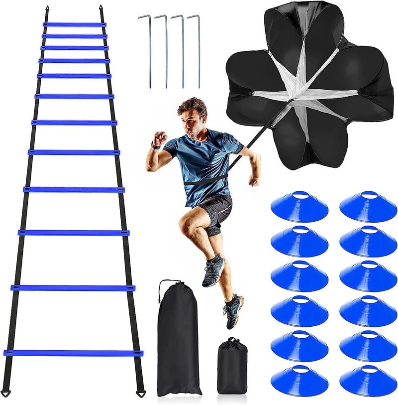 Rainmae Pro Speed & Agility Training Set—Includes 12 Rung 20ft Adjustable Agility Ladder with Carrying Bag, 12 Disc Cones, 4 Steel Stakes, 1 Resistance Parachute, Use Equipment to Improve Footwork Any Sport - Image 1